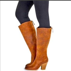 Tall Wood Block Cognac Wide Calf Boot